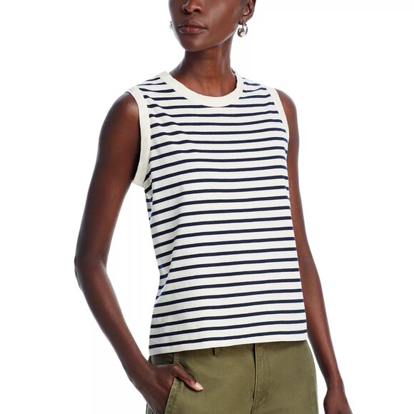 88$ Kule Striped Contrast Trim Crew Neck Tank Top Sleeveless Size XS Ivory Navy - Picture 1 of 4
